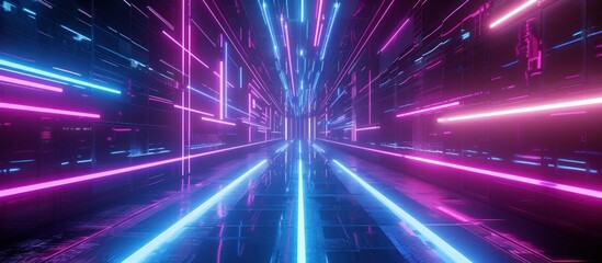 Illustration 3D Futuristic Modern High-Tech Pathway of Neon Blue Purple Glowing Light. AI generated