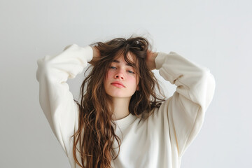 Fototapeta premium a magazine cover, minimalist photo, a woman of 20 years old, wearing sweatshirt