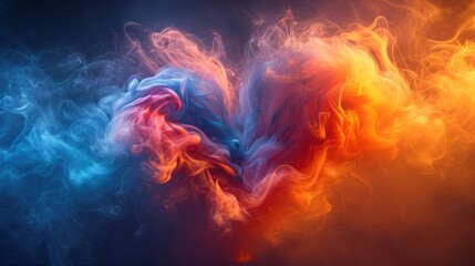  colorful smoke in the shape of a heart on a black background with a red, orange, and blue smoke trail. - obrazy, fototapety, plakaty