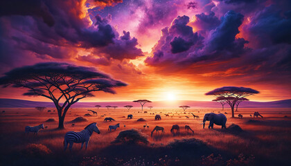 African Savannah at Sunset with Wildlife
