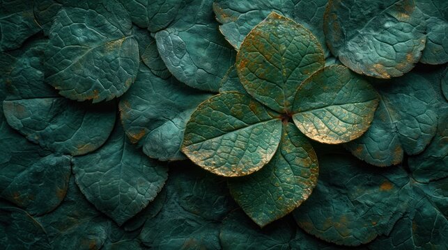  a close up of a green leaf with brown spots on it's leaves and leaves are arranged in the shape of a four - leaf clover.