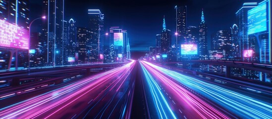 Fototapeta na wymiar Futuristic cyberpunk sci fi downtown city street at night with neon blue and pink. AI generated
