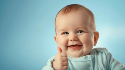 image of a laughing baby with bright eyes and a charming smile, giving a thumbs-up to the camera