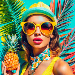 Fun offbeat pop-art style portrait of a beautiful tropical looking young woman holding a pineapple...