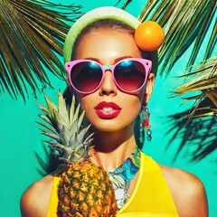 Fun offbeat pop-art style portrait of a beautiful tropical looking young woman holding a pineapple...