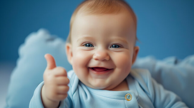 image of a laughing baby with bright eyes and a charming smile, giving a thumbs-up to the camera