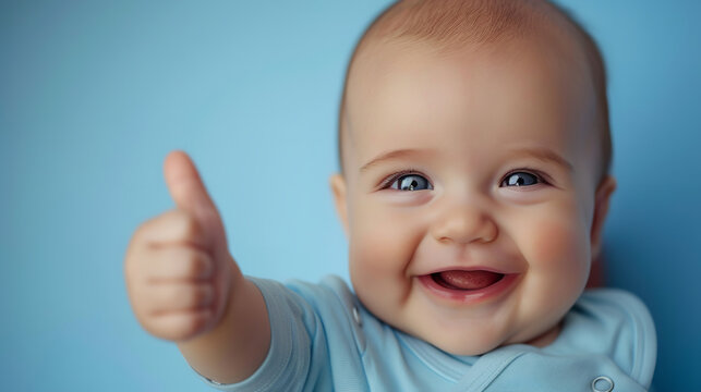 image of a laughing baby with bright eyes and a charming smile, giving a thumbs-up to the camera