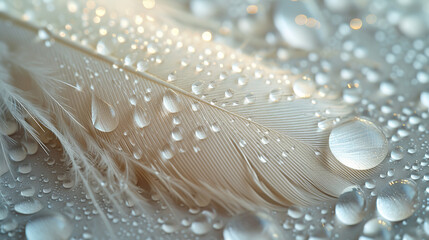 Fluffy white feather with water drops on light background