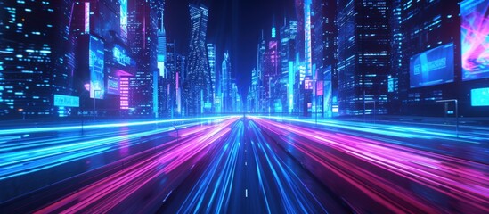 Fototapeta premium Futuristic cyberpunk sci fi downtown city street at night with neon blue and pink. AI generated
