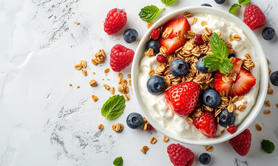 Greek yogurt granola with fresh berries on a white table, top view, copy space.