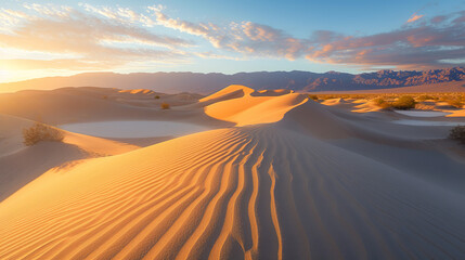 Fototapeta na wymiar Photograph a serene desert landscape at sunrise, showcasing the play of light and shadows on the sand dunes