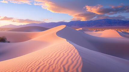 Fototapeta na wymiar Photograph a serene desert landscape at sunrise, showcasing the play of light and shadows on the sand dunes