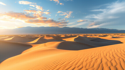 Photograph a serene desert landscape at sunrise, showcasing the play of light and shadows on the sand dunes