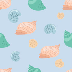 Cute vector pattern in nautical style. Background with cartoon seashells.