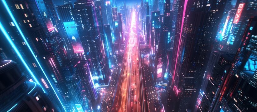Futuristic cyberpunk sci fi downtown city street at night with neon blue and pink. AI generated