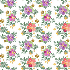 Fototapeta na wymiar Floral arrangement in pastel colors seamless pattern. Attractive texture art in vintage style for printing on various surfaces (textile, wrapping, packages, apparel) or usage in graphic design.