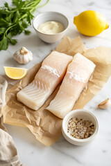 Fototapeta na wymiar Some raw ingredients to make a recipe, such as two hake fillets, mayonnaise, garlic, on a white countertop