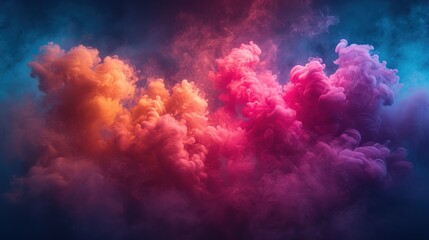  a colorful cloud of smoke floating in the air on a blue, pink, and purple background with a dark sky in the background.