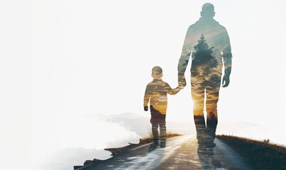 Silhouettes of man and boy holding hands and walking on a journey together, with double exposure,  superimposed on a scenic nature backdrop, symbolizing life's path - obrazy, fototapety, plakaty