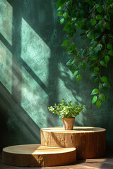 wooden podium display with leaf shadow. Copy space lime background. Cosmetics or beauty product promotion mockup