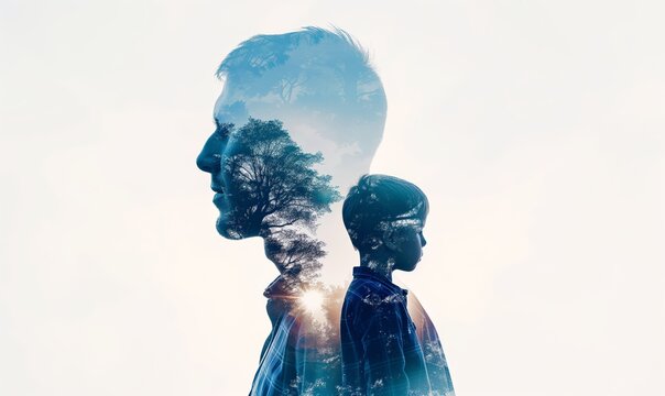 Silhouetted profiles of adult and child overlaid with forest imagery, double exposure portrait, against light background, with copy space