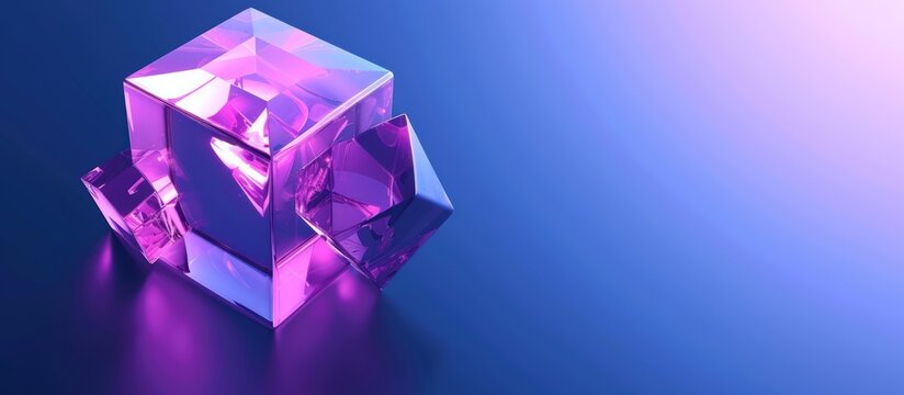 3d rendering crystal cube blocks with holographic purple color background. AI generated image