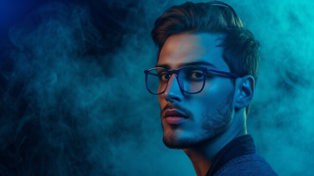 Profile of young handsome man with facial hair, in blue frame glasses looks to the side against a smokey blue background.