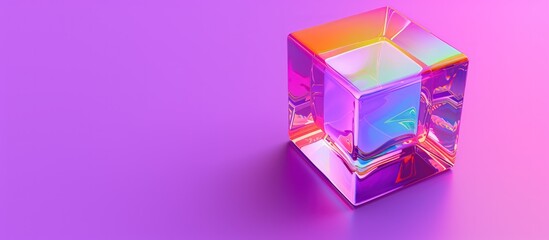 Crystal cube in rainbow holographic gradient color texture on purple background. AI generated image
