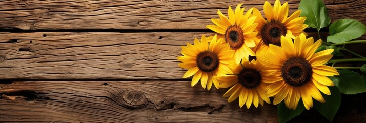 sunflowers on rustic wooden background many wooden slats - obrazy, fototapety, plakaty