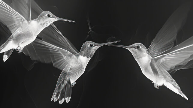  a black and white photo of two hummingbirds flying in the air with their beaks in each other's beaks.