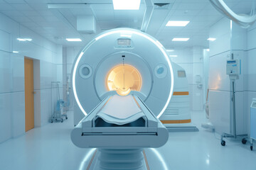 MRI magnetic resonance scanner in medical computed tomography room. Generative AI - obrazy, fototapety, plakaty
