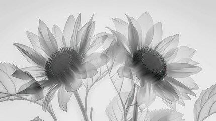  a black and white photo of three sunflowers with leaves in the foreground and a third sunflower in the background.