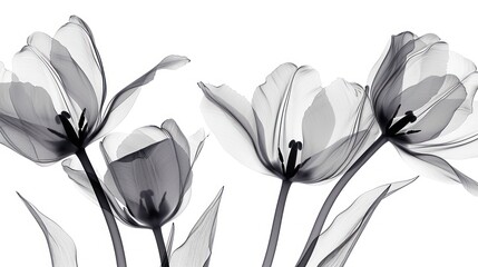  a group of black and white tulips on a white background with a black and white photo of them.