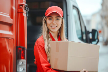 Delivery courier service. Delivery woman in red cap and uniform holding a cardboard box near a van truck delivering to customer home. Smiling woman postal woman delivering a package