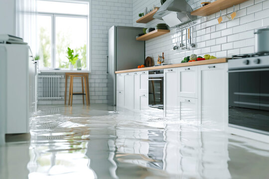 Flooded floor in kitchen from water leak