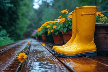 Vibrant yellow boots rest on a rustic bench among blooming flowers, ready for an adventure in the great outdoors