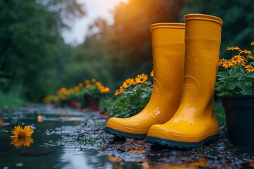 Bold and bright, a pair of yellow rain boots stand tall amidst a sea of water, reflecting the vibrant hues of nearby flowers as they brave the elements of the great outdoors