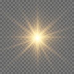 Bright Star. Transparent shining sun, bright flash. Sparks glitter special light effect. Sparkling magic dust particles. Vector sparkles.