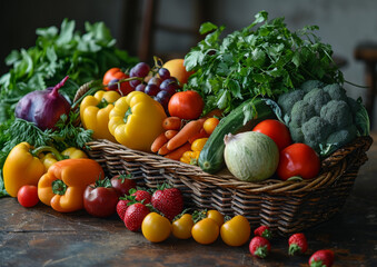 A Basket Filled With Various Types of Vegetables. A collection of different types of vegetables arranged neatly inside a basket