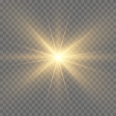 Bright Star. Transparent shining sun, bright flash. Sparks glitter special light effect. Sparkling magic dust particles. Vector sparkles.