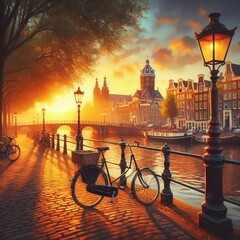 Illustration of sunset in a canal of Amsterdam, Holland