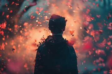 Person facing away watching leaves flying around
