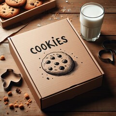 Illustration of a box of cookies and a glass of milk on a wooden table