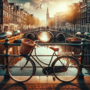 Bicycle on a bridge in Amsterdam, Holland