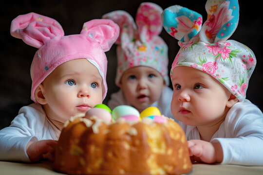 Three cute babies with rabbit ears with Easter cake