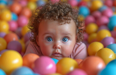 Fototapeta na wymiar Baby Laying in Ball Pit With Numerous Balls. A baby is seen laying in a ball pit filled with a multitude of colorful balls.