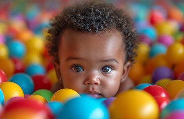 Fototapeta na wymiar Baby in a Ball Pit. A Playful Scene With Colorful Balls. A baby happily playing in a ball pit, surrounded by a multitude of colorful balls.