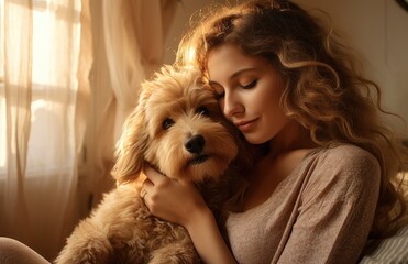 Woman hugging a fluffy dog