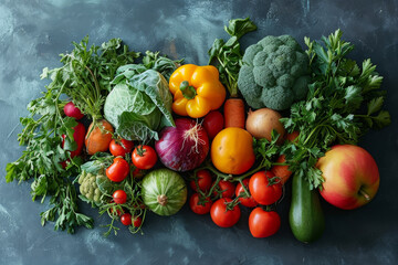 Assorted Fresh Fruits and Vegetables. A colorful display of various types of fruits and vegetables neatly arranged together.
