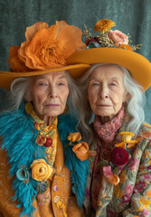 Two Older Women Wearing Hats With Flowers on Them. Two elderly women elegantly wearing hats adorned with flowers, posing for a photograph.